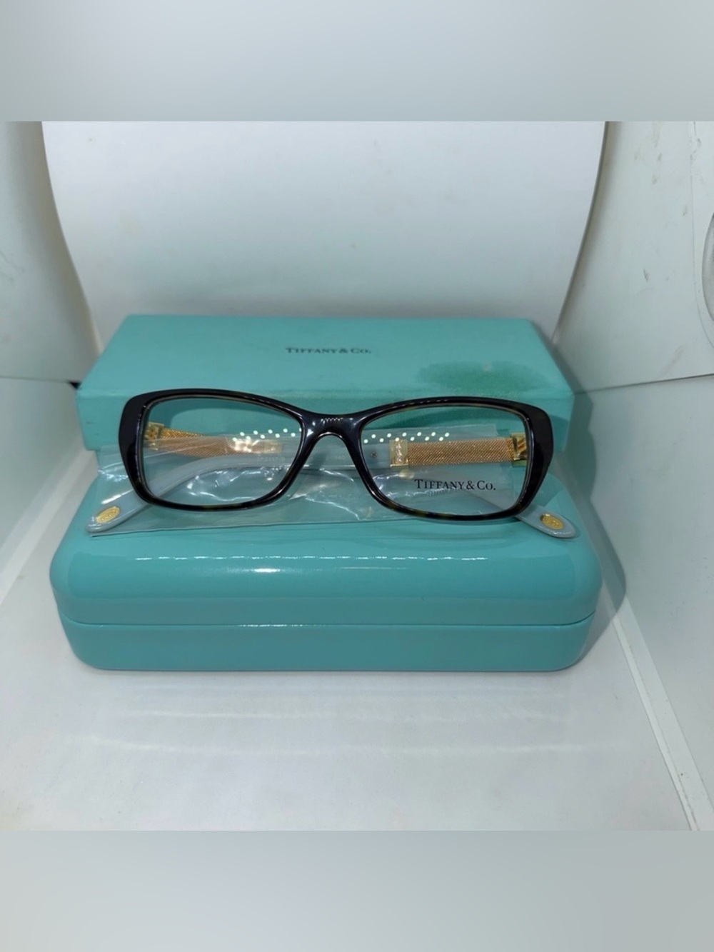 Tiffany & Co. Black Rectangular Glasses with Gold Temples